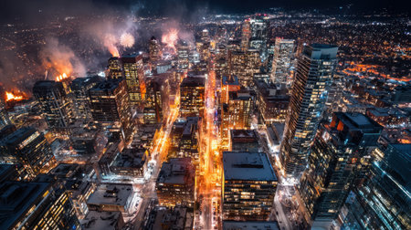 Experience a breathtaking aerial view of a vibrant urban skyline at night, filled with colorful fireworks and glowing lights illuminating a snowy cityscape.の素材