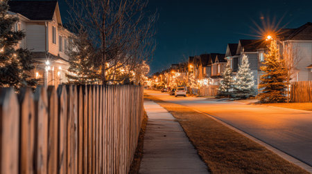 A serene nighttime scene showcasing a suburban street adorned with Christmas lights, framed by cheerful trees and a welcoming wooden fence, evoking warmth and comfort.の素材