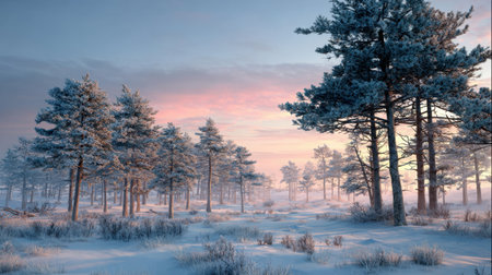 Captivating winter landscape featuring pine trees blanketed in snow under a serene dusk sky. This tranquil scene evokes a sense of calm and beauty in nature.の素材