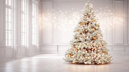 A gorgeous white Christmas tree adorned with shimmering lights and ornaments stands in a beautifully lit room, creating a magical and festive ambiance perfect for the holiday season.の素材