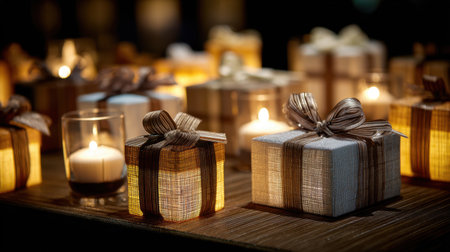A serene nighttime arrangement featuring beautifully wrapped gift boxes illuminated by soft candlelight, creating a warm, inviting atmosphere for celebrations.の素材