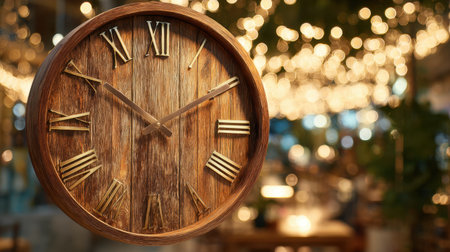 A rustic wooden clock featuring Roman numerals adds a touch of charm to a cozy indoor space filled with warm twinkling lights, creating a tranquil atmosphere.の素材