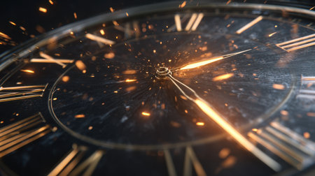 A detailed close-up of a vintage clock face showcasing sparkling dust and light rays. This artistic image captures the essence of time, luxury, and elegance.の素材