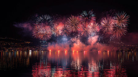 A breathtaking fireworks display illuminates the night sky, reflected beautifully on calm water, creating a stunning visual spectacle perfect for celebrations.の素材