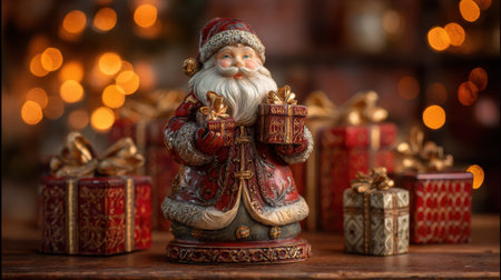 A charming Santa figurine holding beautifully wrapped gifts stands amidst a luminous background, capturing the essence of the holiday season in a delightful scene.の素材