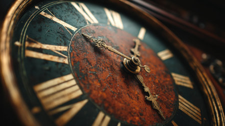 This detailed image features a vintage clock with Roman numerals, highlighting the intricate craftsmanship and textures of the antique design for a timeless aesthetic.の素材