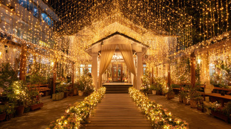 An enchanting outdoor venue adorned with shimmering fairy lights creates a warm and inviting atmosphere, perfect for any celebration or special event at night.の素材
