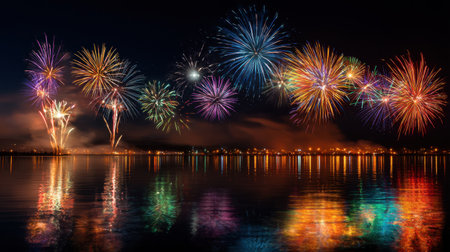 A vibrant fireworks display lights up the night sky over calm water, with colorful bursts reflected on the surface. A captivating scene for celebrations and joy.の素材