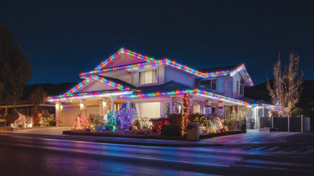 A beautiful modern home adorned with vibrant Christmas lights creates a magical atmosphere during the nighttime in a quaint suburban neighborhood, showcasing holiday cheer.の素材