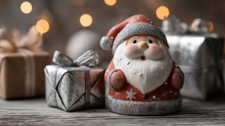 A charming Santa figurine adds festive spirit to an arrangement of gift boxes, creating a cozy holiday atmosphere with soft background lights and seasonal cheer.の素材