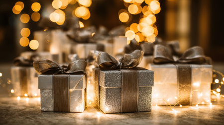 A collection of beautifully wrapped gift boxes adorned with elegant bows, glowing softly against a backdrop of warm bokeh lights, perfect for celebrating special occasions.の素材