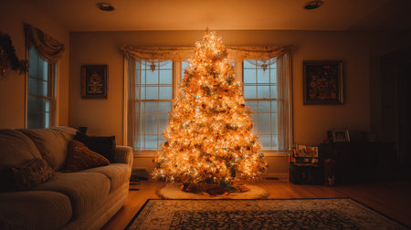 A cozy living room featuring a beautifully lit Christmas tree that creates a warm atmosphere perfect for holiday gatherings and festive celebrations.の素材