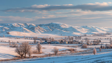 A breathtaking view of a snow-covered landscape featuring a peaceful village nestled in the mountains under a clear blue sky, perfect for nature lovers.の素材