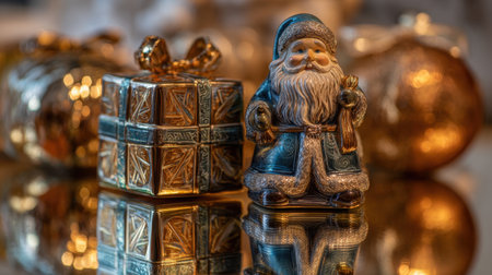 This enchanting image features a charming Santa figurine next to a beautifully designed gift box, creating a warm holiday ambiance filled with joy and festivity.の素材