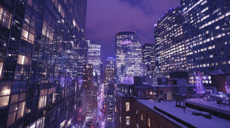 A stunning nighttime cityscape showcases illuminated skyscrapers and glimmering reflections in glass buildings. This vibrant winter scene captures urban beauty and energy.の素材