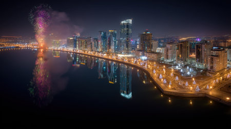 Captivating aerial photo showcasing a vibrant city skyline adorned with sparkling lights and brilliant fireworks, reflecting beautifully on the calm water at night.の素材