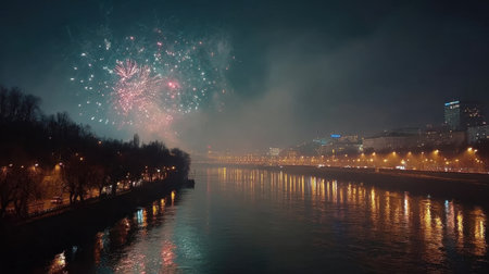 A stunning scene of vibrant fireworks bursting over a serene river, illuminating the night sky and reflecting in the calm waters below, creating a magical atmosphere.の素材