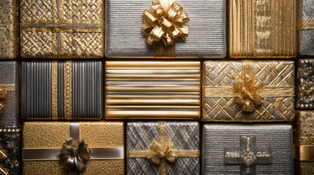 A stunning display of elegant gold and silver wrapped gift boxes adorned with bows, perfect for adding a luxurious touch to any celebration or festive occasion.の素材