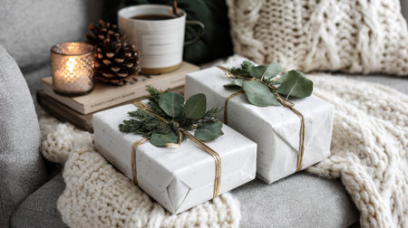 A warm and inviting winter setting featuring beautifully wrapped gifts, a glowing candle, and a cozy blanket, perfect for holiday inspiration and festive decorating.の素材