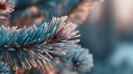 This close-up image showcases frosted pine needles illuminated by soft morning light, perfect for capturing the serene essence of winter and natureの素材