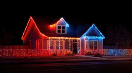 A charming house adorned with bright red and blue lights during the night, creating an inviting and festive atmosphere perfect for winter celebrations.の素材