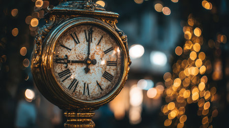 A stunning vintage clock stands proudly in an urban setting, adorned with sparkling bokeh lights that evoke a sense of nostalgia and elegance, perfect for any time-themed project.の素材