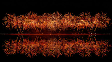 A captivating night scene showcasing vibrant orange fireworks bursting in the sky, their stunning reflections shimmering on the water surface, creating a magical atmosphere.の素材