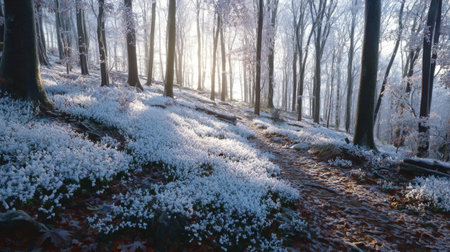 A serene winter forest showcases a pathway adorned with snowdrops and illuminated by soft light filtering through frosty trees, creating a tranquil atmosphere.の素材