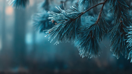 A stunning close-up of frosted pine needle branches set against a misty winter landscape. The soft blue tones create a serene and tranquil atmosphere for nature lovers.の素材