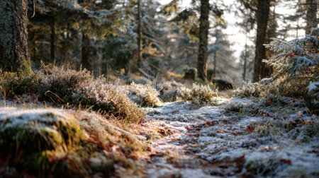 A picturesque winter scene showcasing a frosty woodland pathway bathed in soft sunlight. This tranquil image captures the serene beauty of nature in a cold setting.の素材
