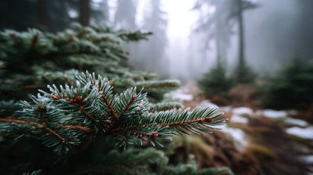 Experience the serene beauty of a winter forest with frost-covered pine needles and a soft mist enveloping the landscape, creating a peaceful and tranquil atmosphere.の素材