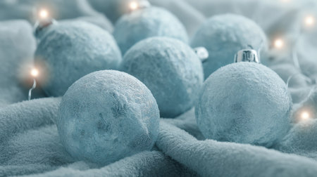 A beautifully arranged group of frosted blue Christmas ornaments resting on soft fabric, illuminated by gentle lights, perfect for creating a warm holiday ambiance.の素材