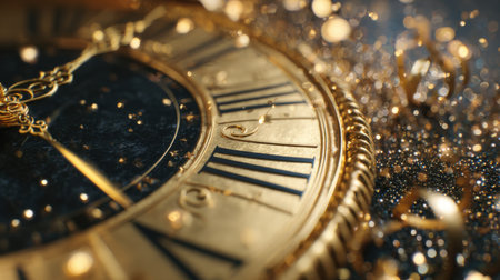 This close-up image features a stunning gold clock face with Roman numerals surrounded by sparkling glitter, creating a luxurious atmosphere perfect for celebrations.の素材