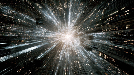 Experience the captivating beauty of a dynamic explosion of light set in a futuristic digital space, featuring abstract patterns, stars, and mesmerizing particles.の素材