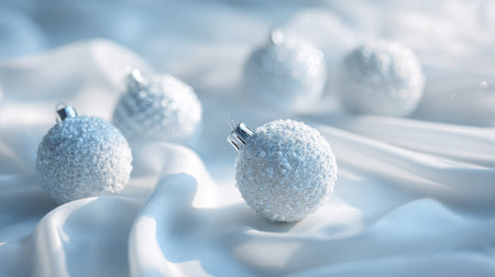 Capture the essence of the holiday season with this elegant display of white ornaments atop soft fabric, complemented by a dreamy bokeh background. Perfect for decor.の素材