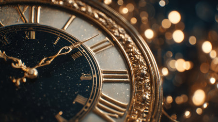 A stunning close-up of a vintage clock face adorned with gold accents, set against a dazzling bokeh background, evoking feelings of elegance and nostalgia.の素材