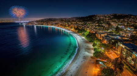 Experience the breathtaking view of a coastal city at night, illuminated by colorful fireworks above a serene beach, with sparkling lights reflecting in the calm water.の素材