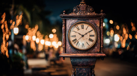 This captivating image showcases a vintage street clock illuminated at night, surrounded by warm lights, creating a charming urban atmosphere perfect for city exploration.の素材