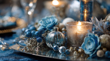 A stunning arrangement of blue and silver holiday decorations featuring roses, ornaments, and candlelight creates a cozy and festive atmosphere for any celebration.の素材