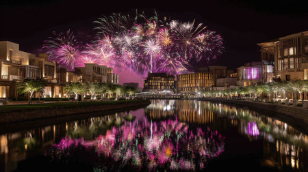 A breathtaking view of colorful fireworks lighting up the night sky above luxurious waterfront properties, beautifully reflected in serene waters, capturing the essence of celebration.の素材