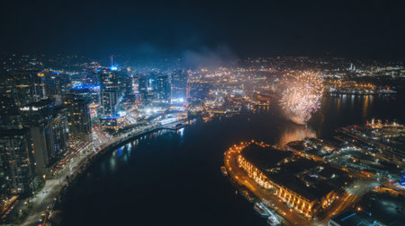 Stunning aerial view of a lively city at night featuring colorful fireworks over the waterfront, showcasing illuminated buildings and a vibrant urban atmosphere.の素材