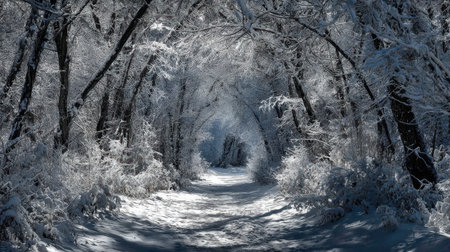 A tranquil winter pathway enveloped by snow-laden trees creates a serene atmosphere in this enchanting forest scene, inviting peaceful exploration and reflection.の素材