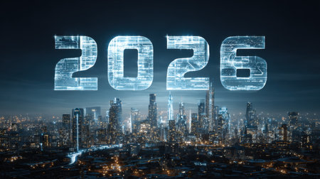 Captivating evening view of a futuristic urban skyline illuminated by lights, showcasing the number 2026, symbolizing progress and innovative technology in the city.の素材