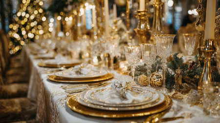 This image captures an elegant Christmas table setting adorned with golden accents, crystal glassware, and soft bokeh lights, perfect for a festive gathering.の素材