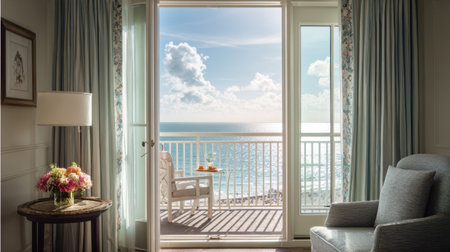 A cozy hotel room opens to a stunning ocean view, featuring soft curtains and a comfortable chair, inviting guests to enjoy tranquil moments by the sea.の素材