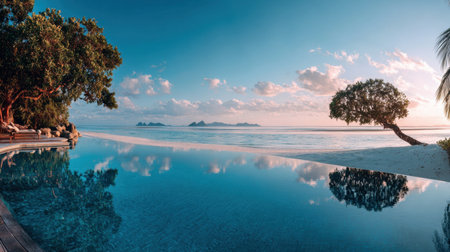 Experience a breathtaking tropical scene featuring an infinity pool overlooking calm waters, tranquil islands, and a vibrant sunset sky, perfect for relaxation and escape.の素材