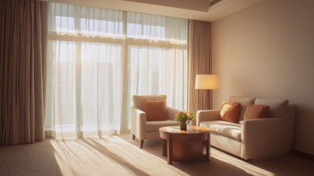 This inviting living room features soft furniture, fresh flowers, and abundant natural light streaming through sheer curtains, creating a serene and elegant atmosphere.の素材