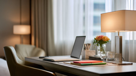 A serene modern workspace featuring a sleek desk, laptop, vibrant stationery, and a tasteful lamp, complemented by fresh flowers. Perfect for creative work or relaxation.の素材