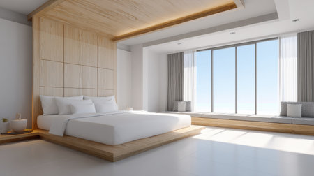 This image showcases a modern minimalist bedroom with large windows, allowing natural light to enhance the serene and inviting atmosphere, perfect for relaxation.の素材