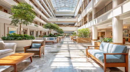 A bright and modern hotel lobby featuring elegant seating, lush greenery, and abundant natural light, creating a welcoming atmosphere for guests to relax and socialize.の素材